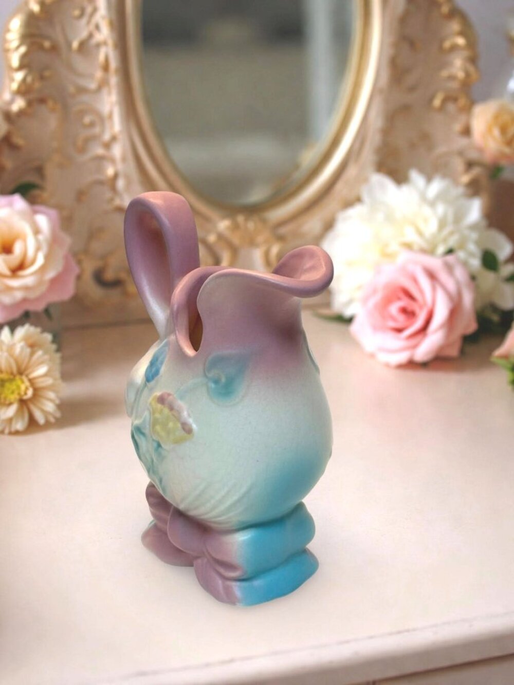 Vintage Hull Pottery Pitcher Bow Knot 1930s Blue Pink Pitcher B1 5 1/2  CottageC - Picture 5 of 6